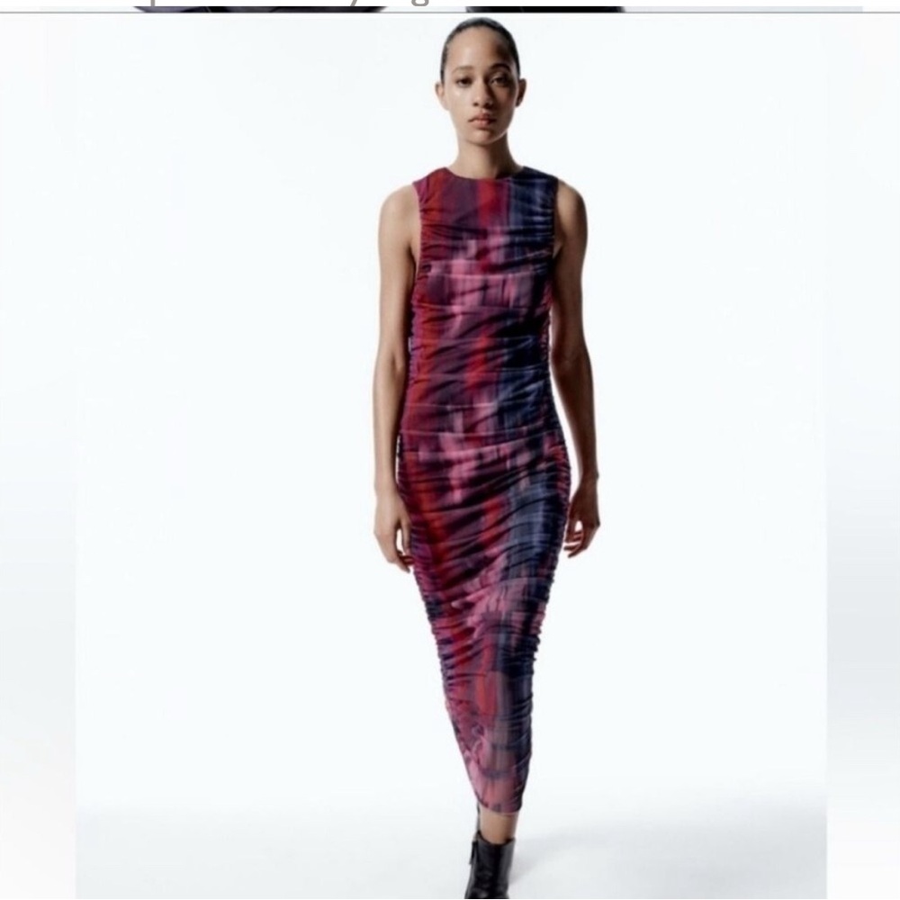 ZARA PRINTED RUCHED TULLE‎ DRESS Sz L